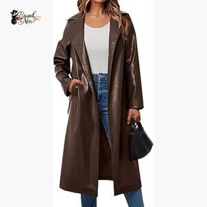 Faux Leather Trench Coat Notched Lapel PU Leather Long Coat Belted Maxi Jacket